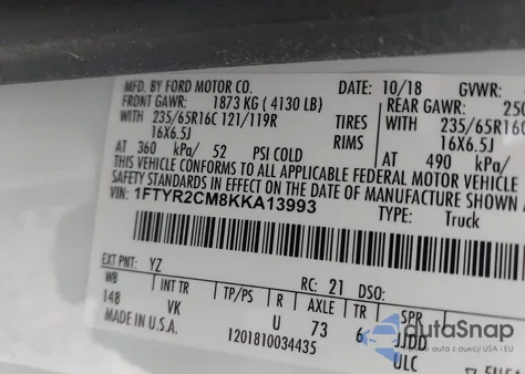 2019 Ford Transit-250 из США, поврежденный, VIN 1FTYR2CM8KKA13993